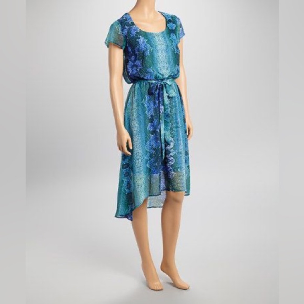 Shelby & Palmer Blue Snakeskin Print Short Sleeve High Low Dress Size 10